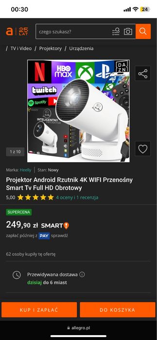 Projektor Android Rzutnik 4K WIFI Przenośny Smart Tv Full HD Obrotowy