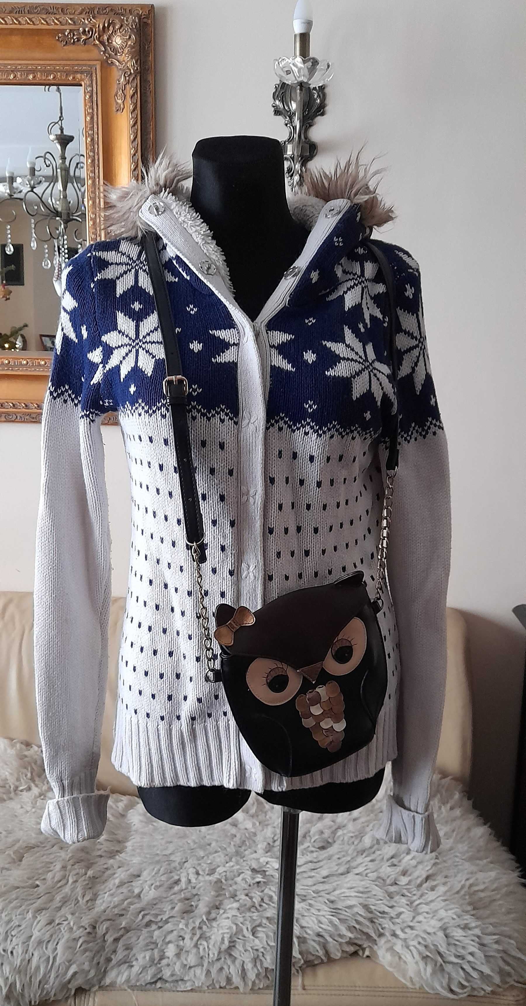 śliczny KARDRIGAN wzór NORWESKI H&M r. S/M sweter rozpinany stan BDB