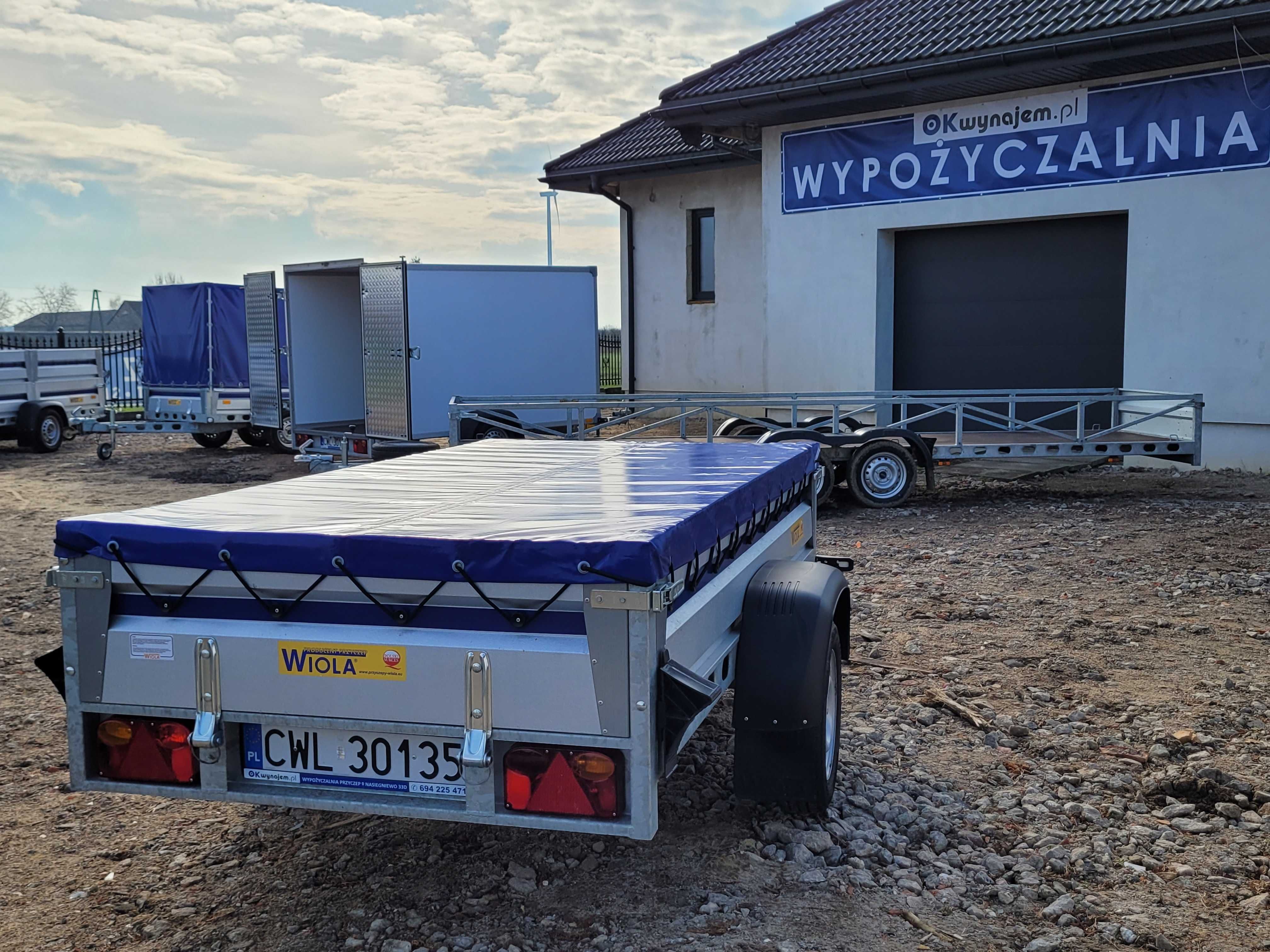 Wypożyczalnia Wynajem Przyczep Uchylna WIOLA Plandeka Zdejmowane burty