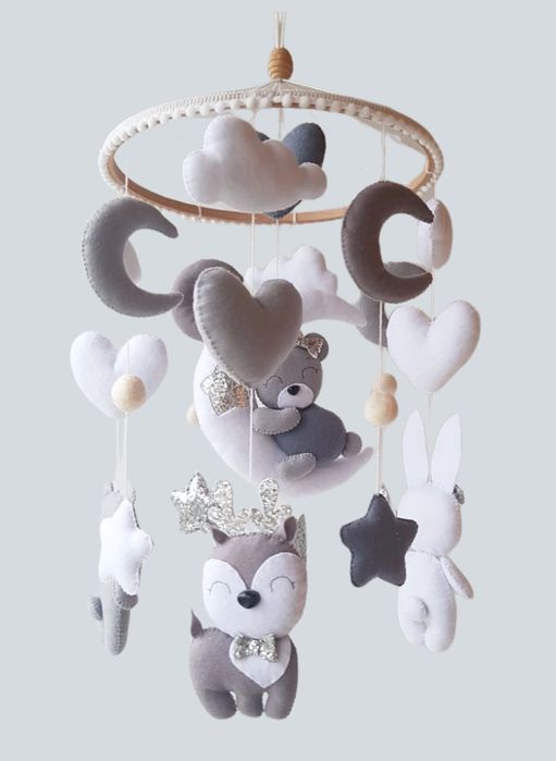 Мобіль дитячий "Ведмедик на місяці сірий" фетр