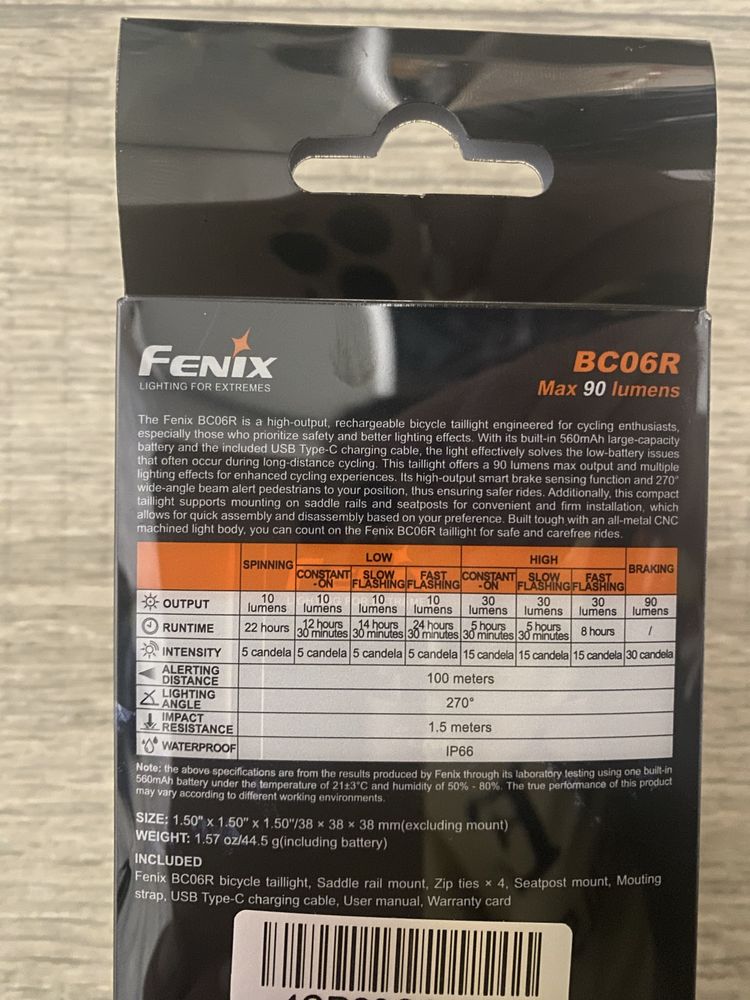 Задня велофара Fenix BC06R з акумулятором