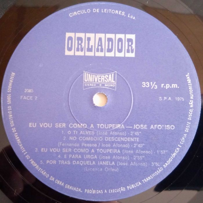 José Afonso	- - - - -		Eu Vou Ser Como a Toupeira	- - - - -	LP