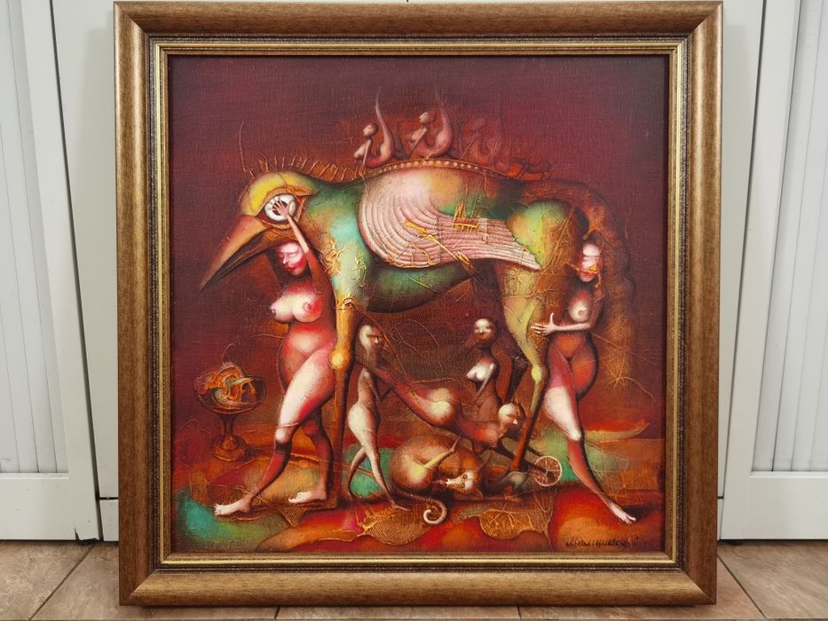 Obraz olejny S. Maliszewskiego "Poskromienie Ptaka " 70x70cm