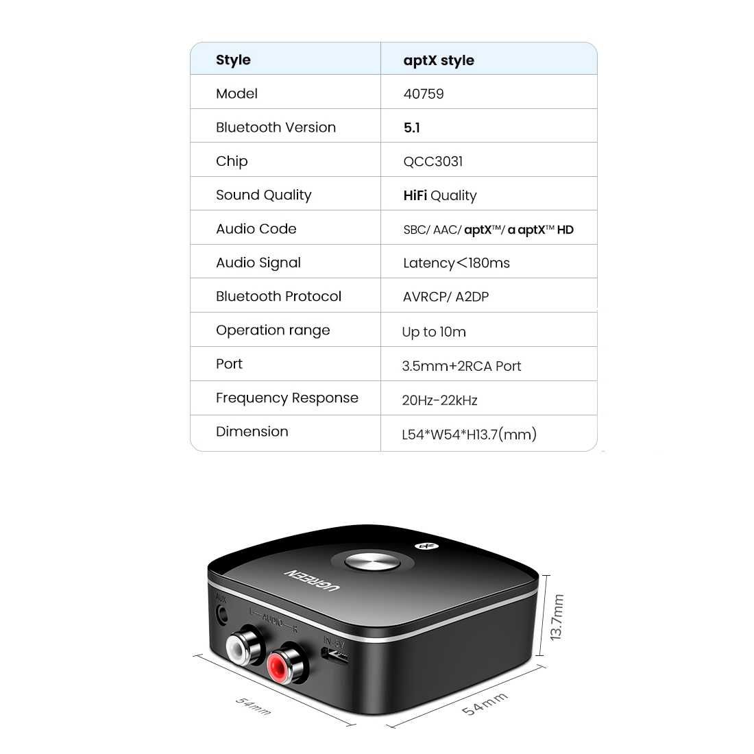 Блютуз аудіо приймач ресивер 2RCA+Jack 3.5 UGREEN Bluetooth HiFi AptX