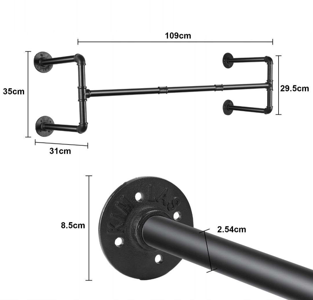 2szt Drążek Na Ubrania Do Ściany Czarny