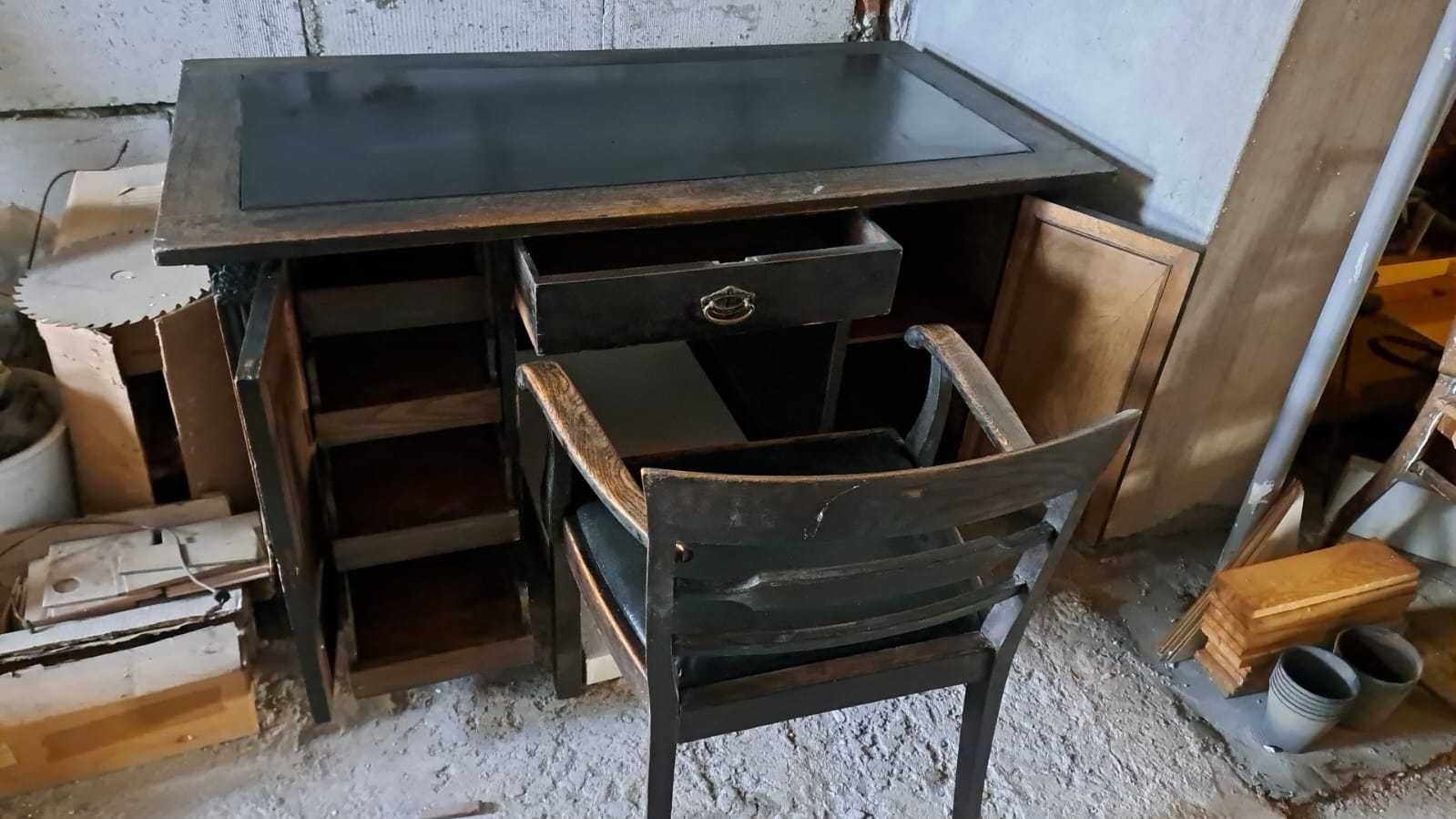 Rzeźbione Biurko i Krzesło XIX-XX w Lite Drewno Dąb Antyk Secesja