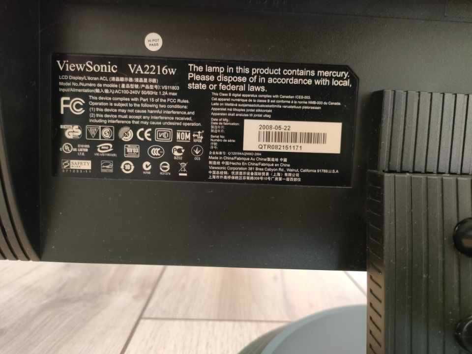 Monitor Viewsonic VA2216W + okablowanie