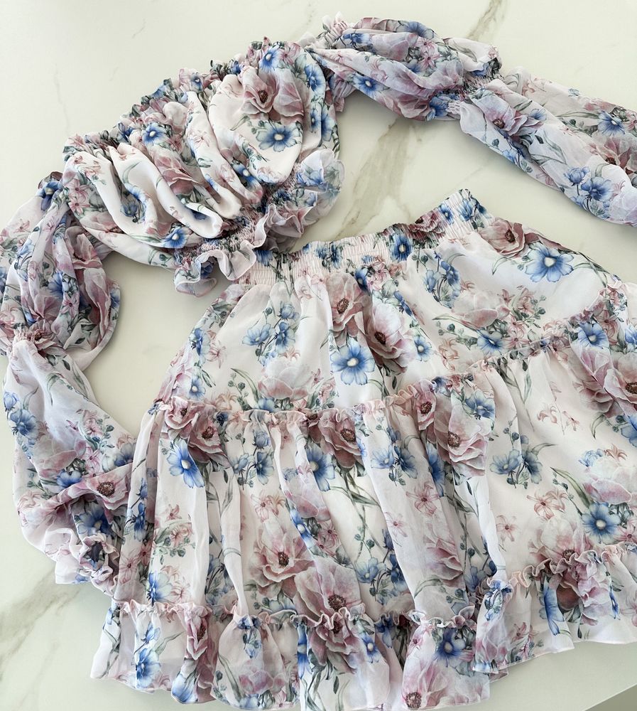 Komplet w kwiaty bluzka top hiszpanka + spódniczka La Perla rozmiar S
