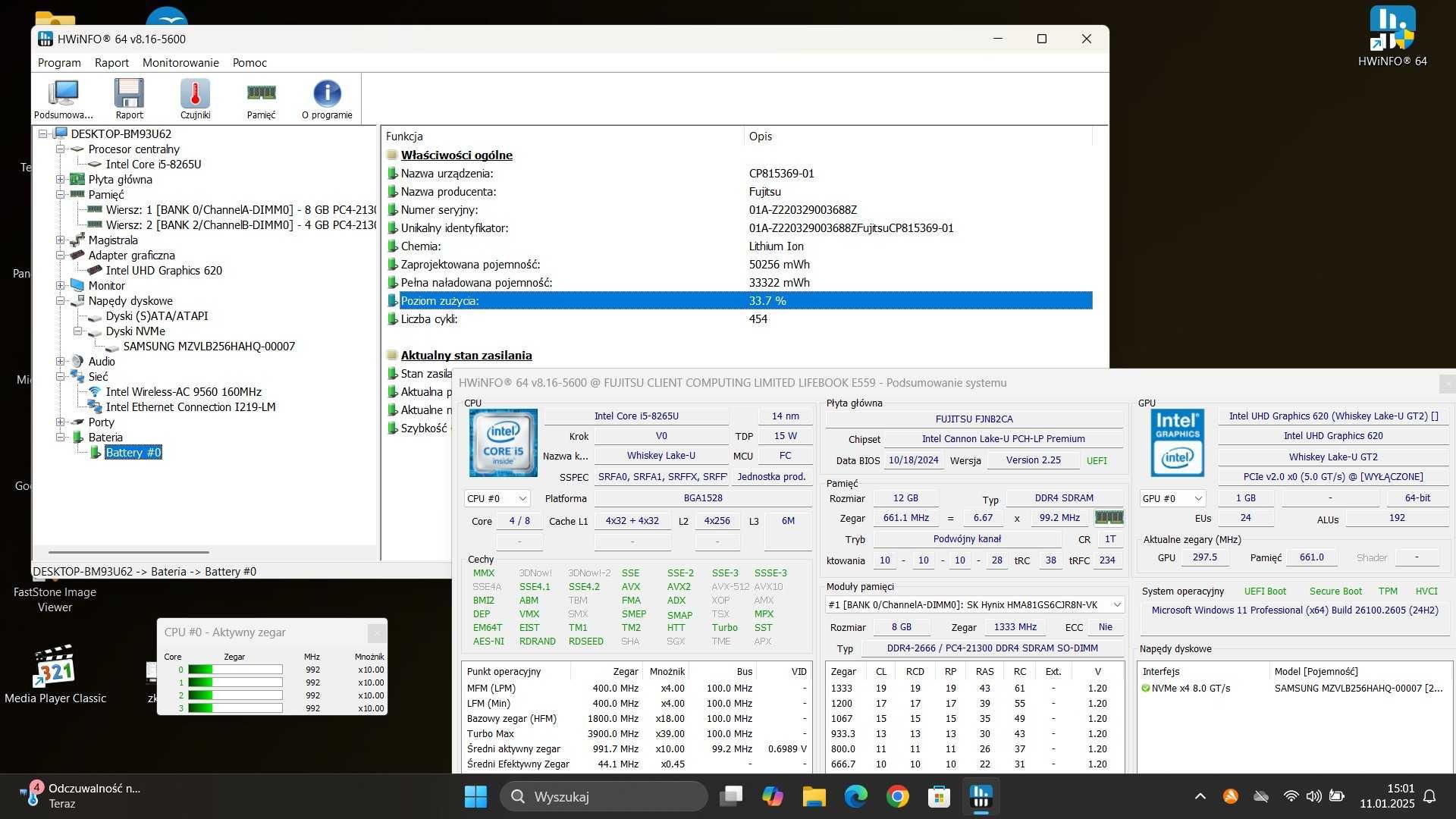 Laptop Fujitsu Lifebook E559/15.6/i5-8265U-3.9G/12G/SSD256/Win11 z AI