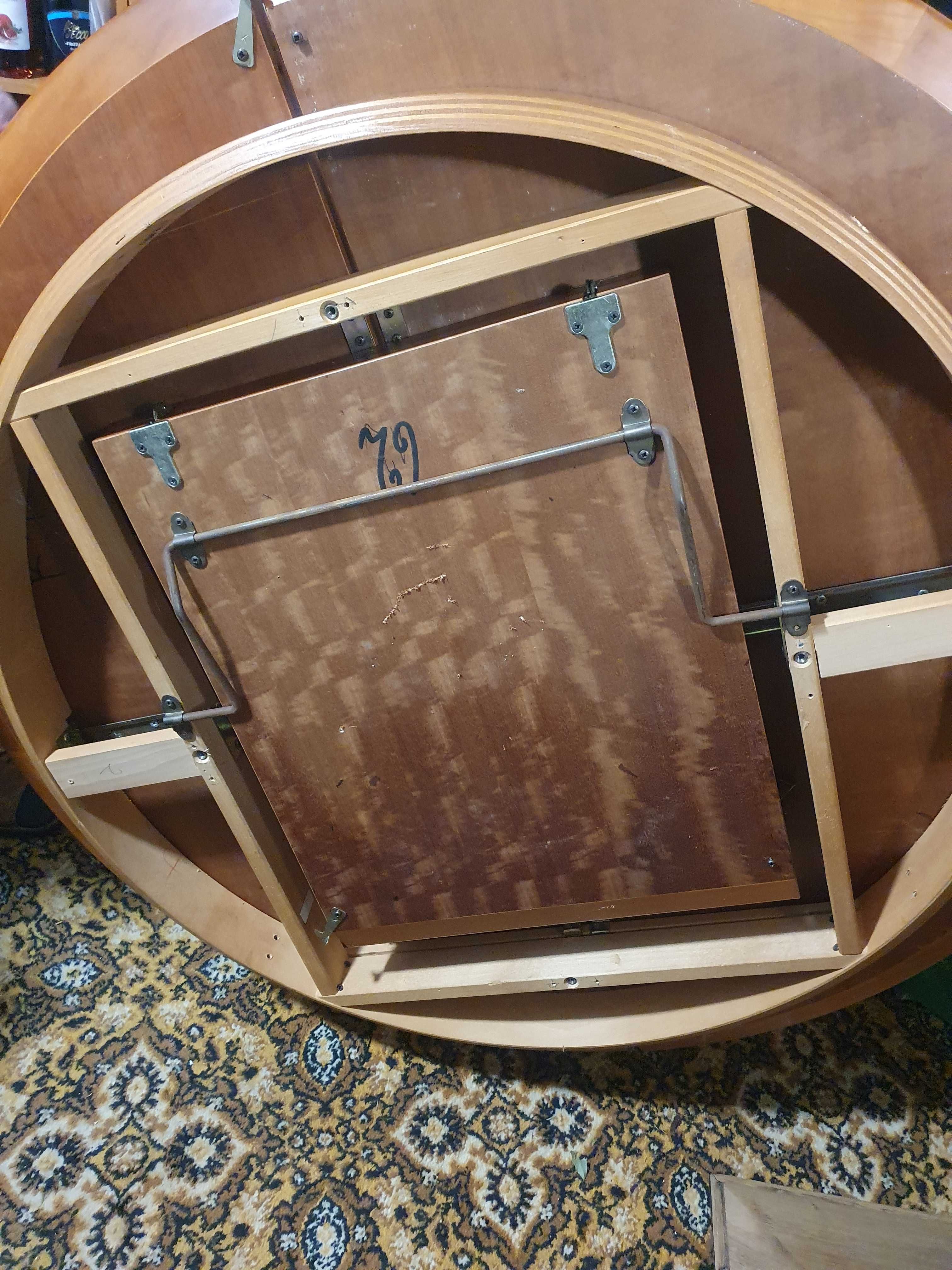 Stół okrągły rozkładany, ozdobny (intarsja?)piękny. 117 cm+ wkładka 47