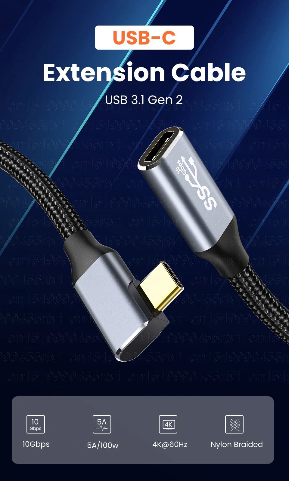 Удлинительный кабель (угловой) USB C PD 100W, 5A, USB 3.1,  0.5 М