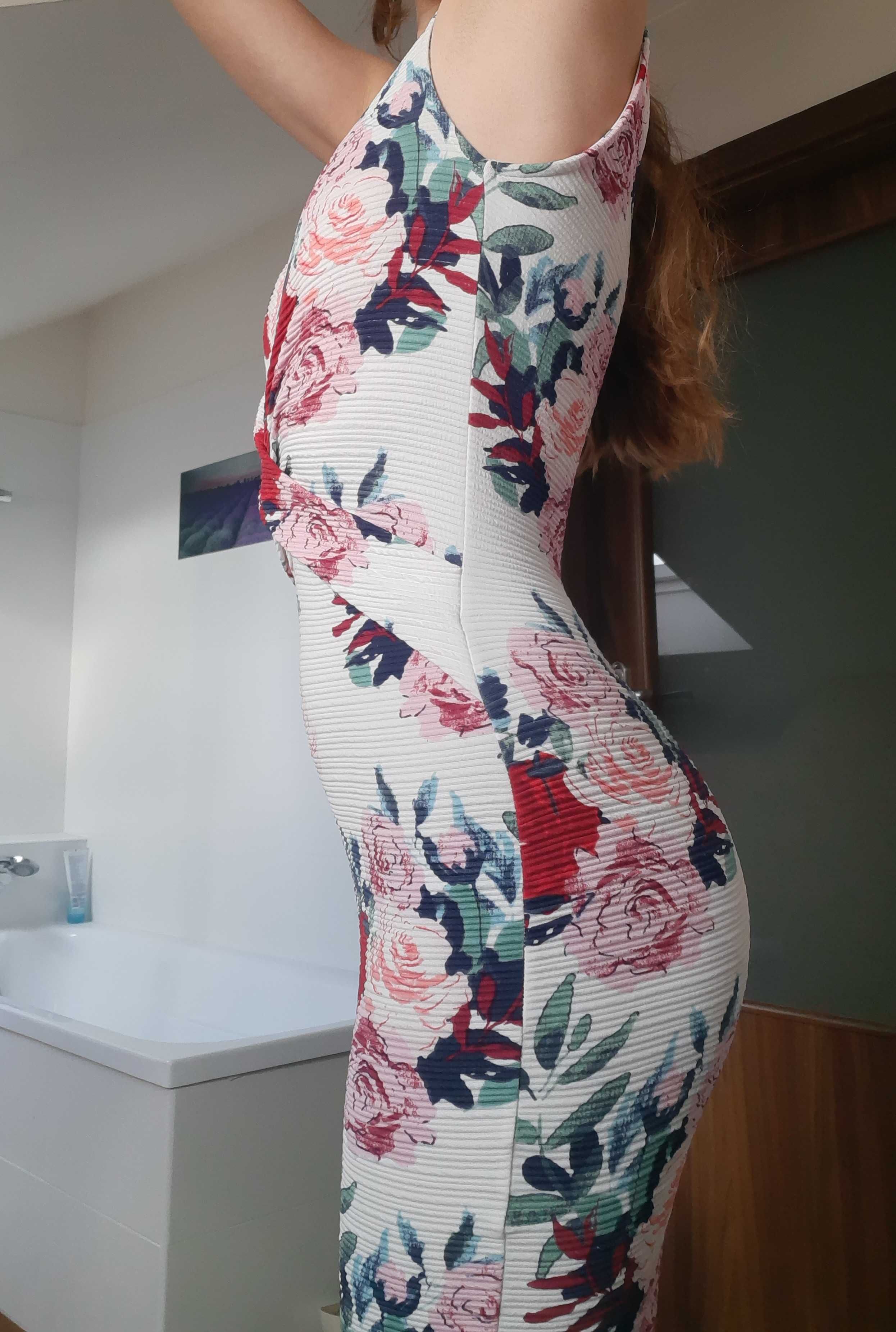 Sukienka dopasowana w kwiaty ołówkowa midi bodycon XS