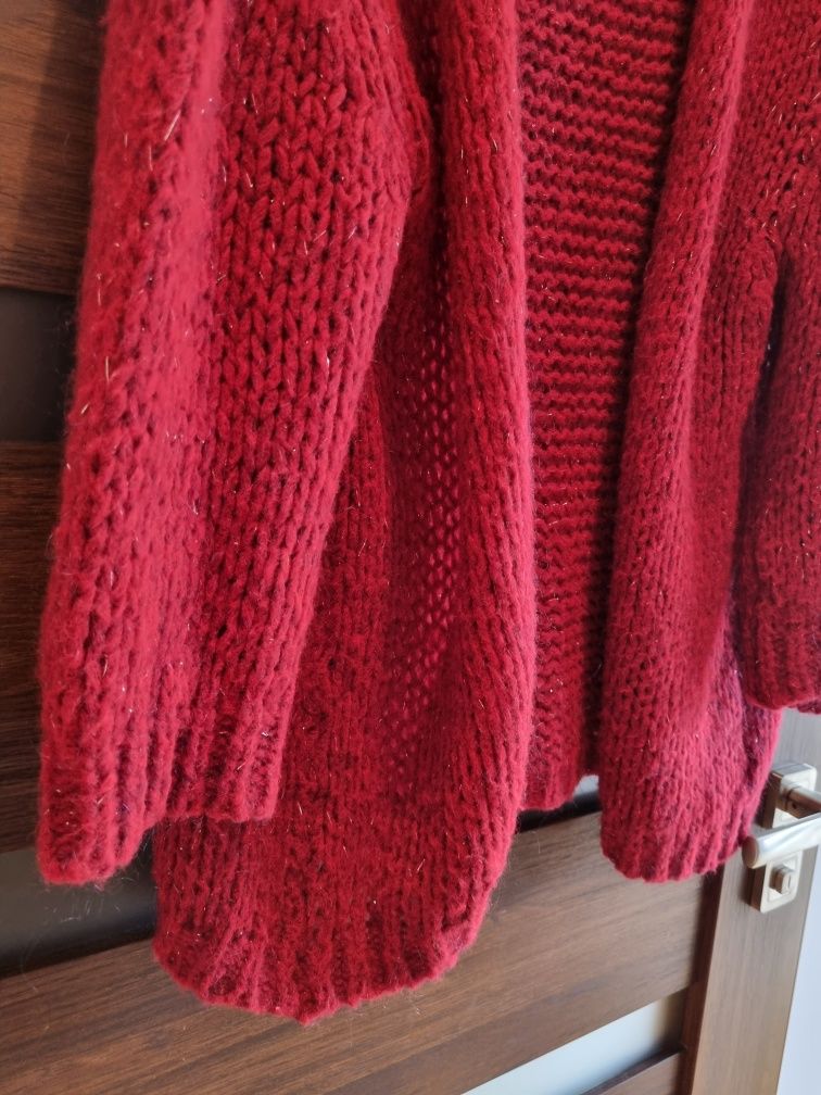 Sweter oversize ciepły czerwony złota nitka Made in Italy