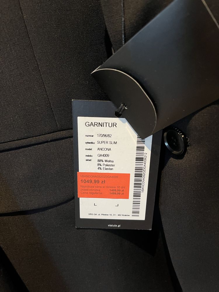 Nowy garnitur Vistula r. 170/96/82 wełna czarny super slim Ancona