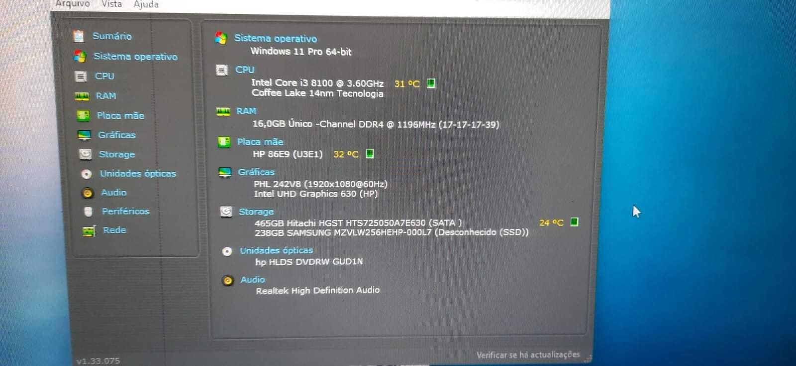 Pç Student HP-400G5 8ªG|i3.8100-3.6G|16G-Dr4|M.2-256+HDD500|TPM2.0|W11