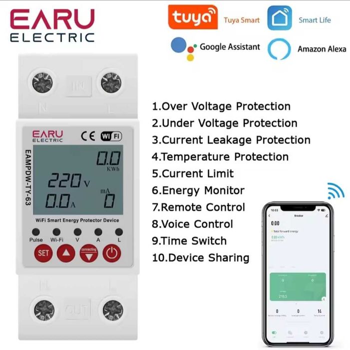 Смарт реле контроля напряжения и силы тока EARU EAMPWD-TY-63 с WiFi