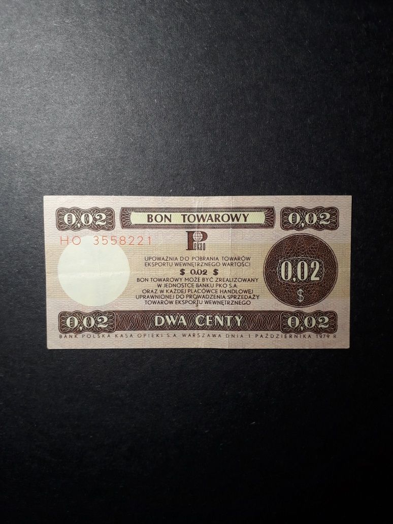 PRL Pewex Bon towarowy 0,02 USD dwa centy PKAO S.A. ser. HO 1979 r.