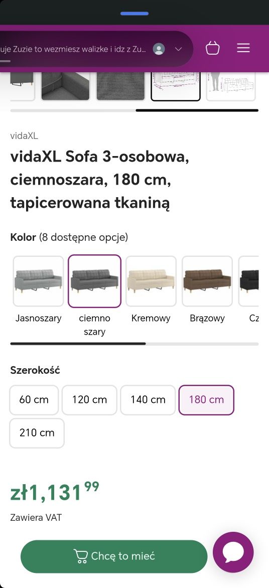 NOWA Sofa 3-osobowa, ciemnoszara, 180 cm, tapicerowana możliwy transpo