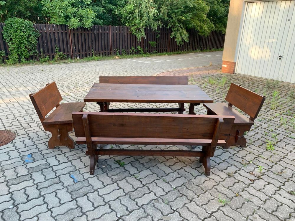 Drewniane meble ogrodowe - zestaw ognisko - stół - ława 8 10 osób