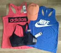 Zestaw Adidas, Nike  koszulki, stanik sportowy, czapka L