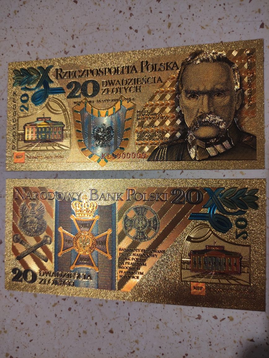 Piękny pozłacany banknot kolekcjonerski 20 zł Piłsudski KOPIA