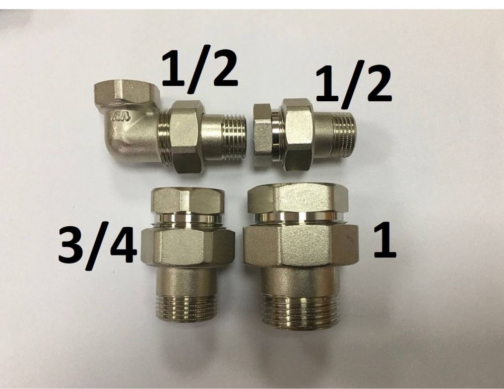 Згони, фітинги (американка) 1/2 прямий і кутовий, 3/4 прямий, 1 прямий