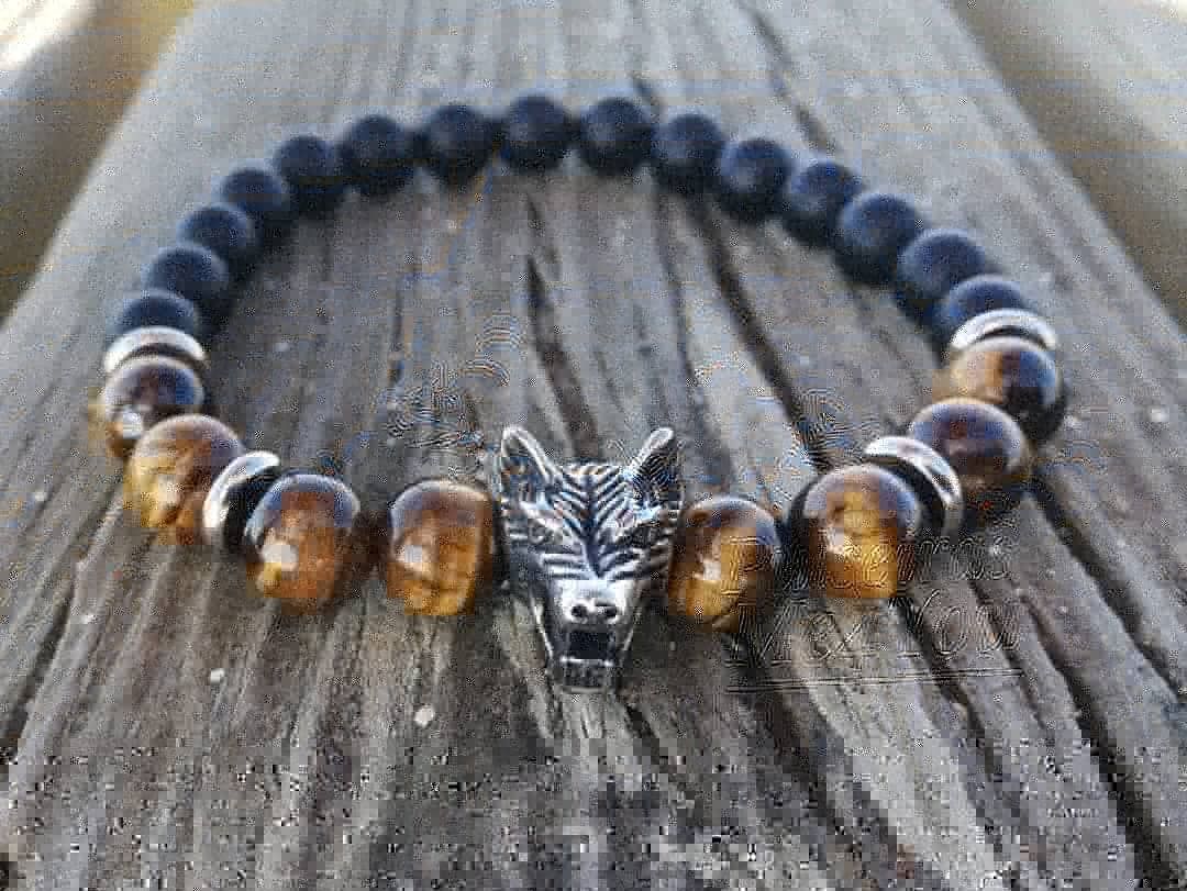 Pulseiras Masculinas Lobo com Pedras Naturais