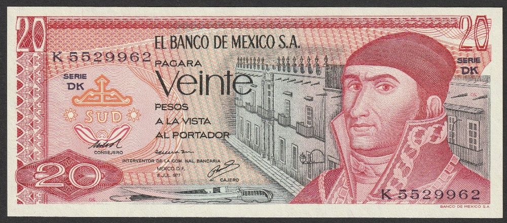 Meksyk 20 pesos 1977 - Morelos - stan bankowy UNC