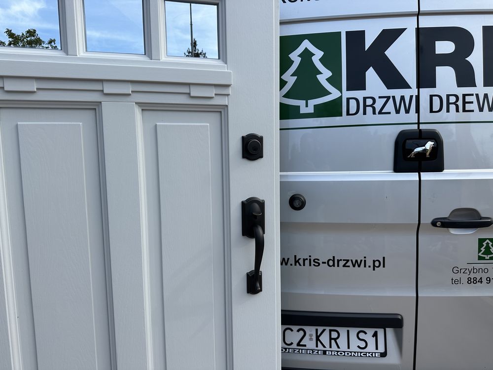 Drzwi zewnętrzne drewniane zielone klamka schlage Cała Polska