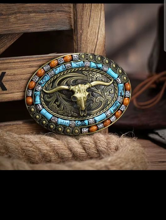 Nowa klamra kowbojska USA Texas Western Glowa Byka zdobiona