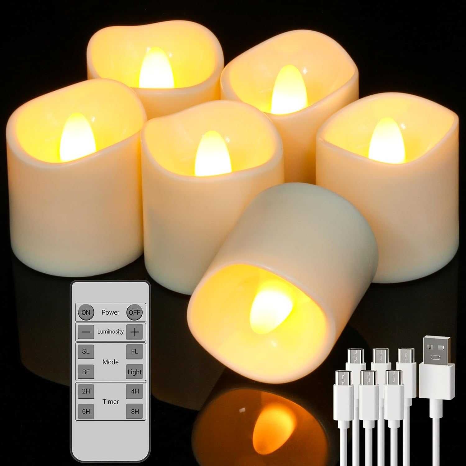 PChero 6x Świeczki LED na USB z pilotem i timerem – światło ciepłe