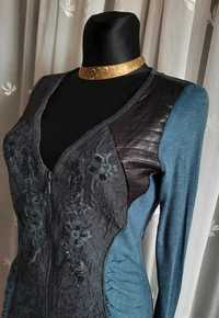 Anvrdie Extra suwak hafty koronki morski czarna ołówkowa sukienka M L