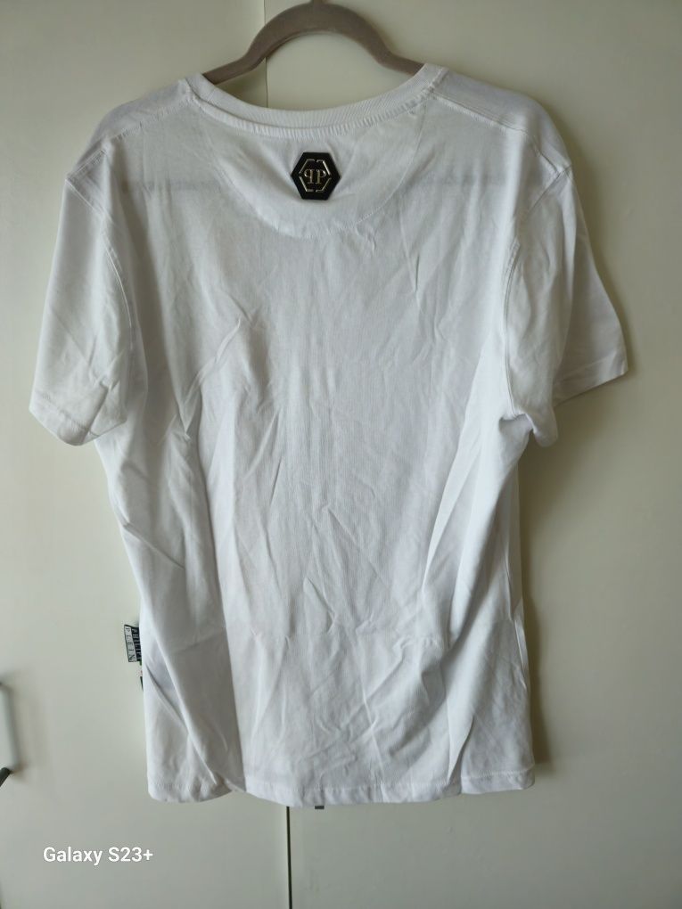 Philip plein L super koszulka t shirt biała kamienie