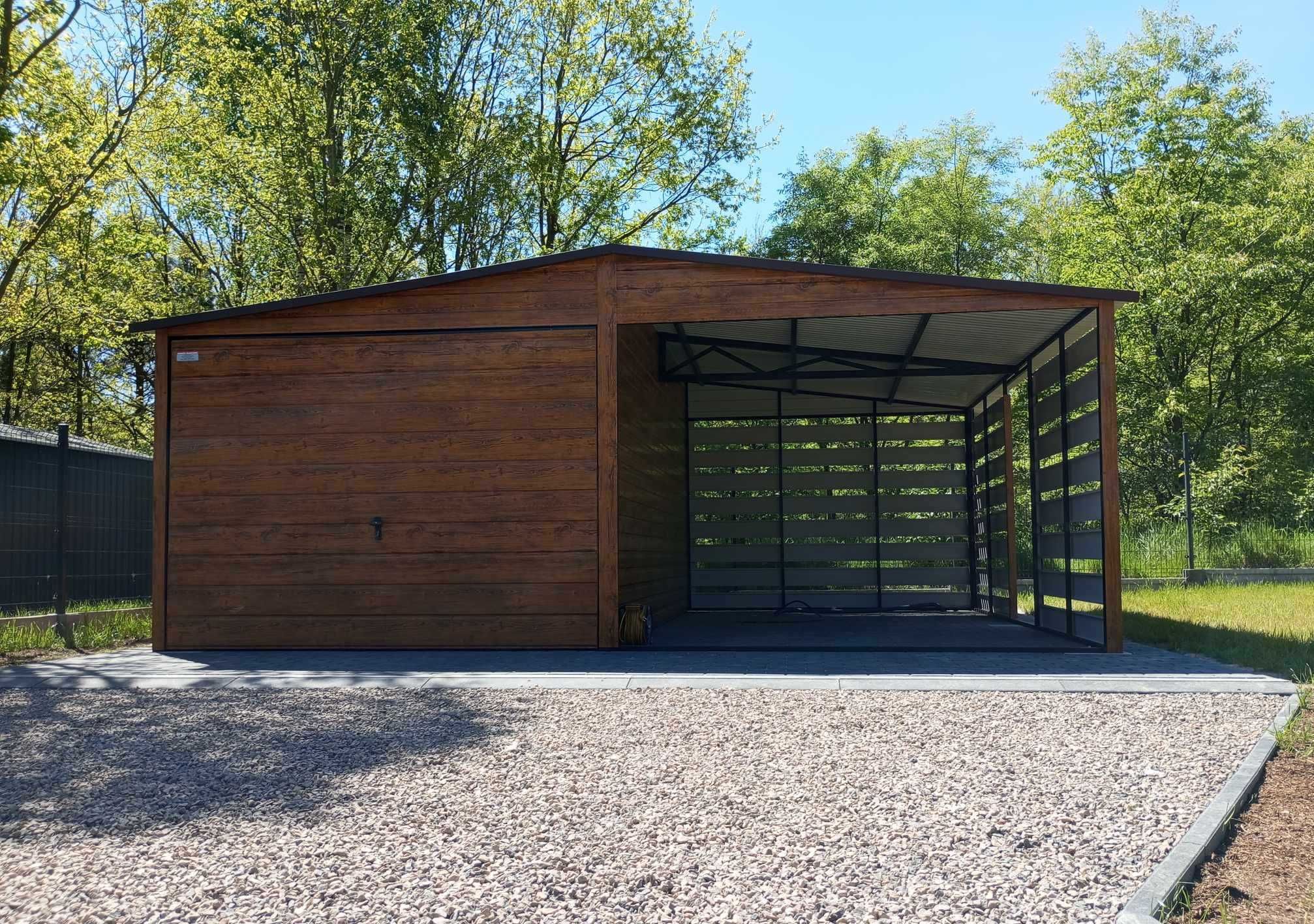Garaż blaszany z altaną drewnopodobny brama uchylna PRODUCENT (249)