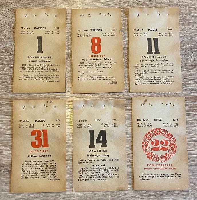 Oryginalna kartka z kalendarza zdzieraka 1974 r. Prezent Rocznica
