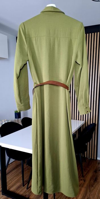 Zara sukienka koszulowa z paskiem khaki zielona
