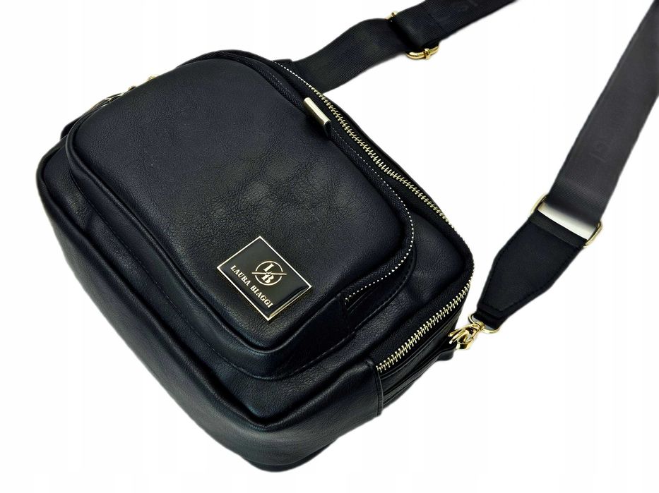 Trzykomorowa torebka listonoszka Laura Biaggi czarna skórzana logo