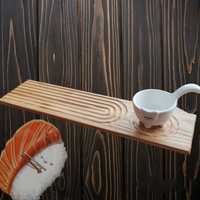 Дошка для суші, деревянная доска для подачи суши, соусник керамический