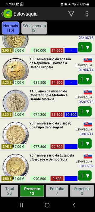 35 moedas UNC comemorativas 2 euros