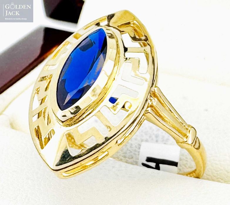 Złoty pierścionek owalny niebieski kamień złoto pr. 585 2,13 g roz. 19