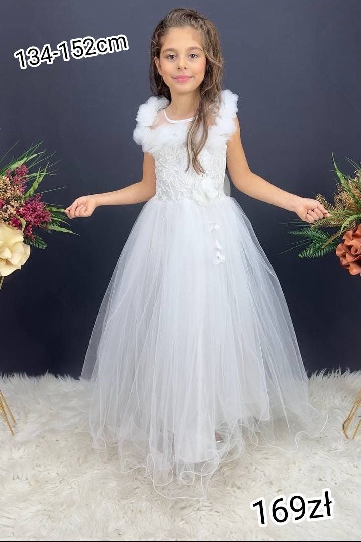 Sukienka Princessa biała tiul kwiaty długa dla dziewczynki 9 lat
