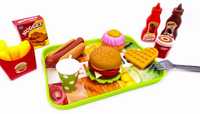 Zabawkowe jedzenie fast food hamburger hot dog frytki taca gofr Lt169