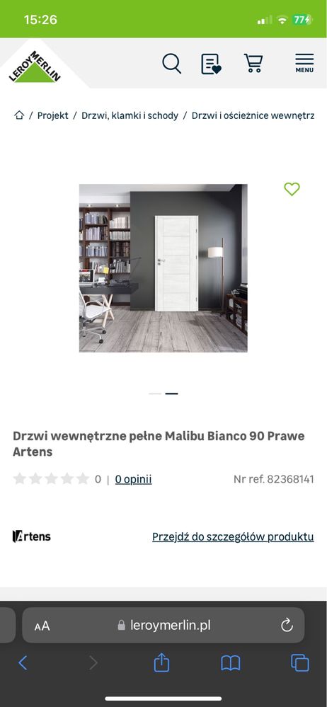 Drzwi wewnętrzne pełne Malibu Bianco 90 Prawe Artens