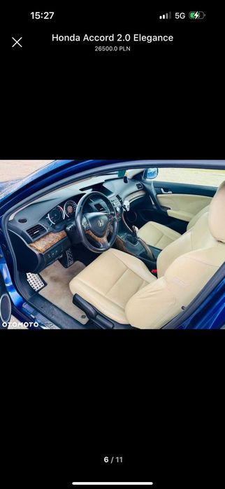 Honda Accord 2008r 2.0 B 156 KM. Białe skóry, bez wkładu.