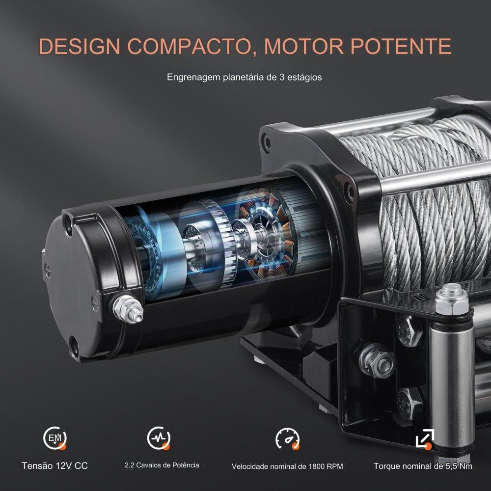 Guincho Elétrico 12V 4500lbs, 2041kg, com Cabo de Aço
