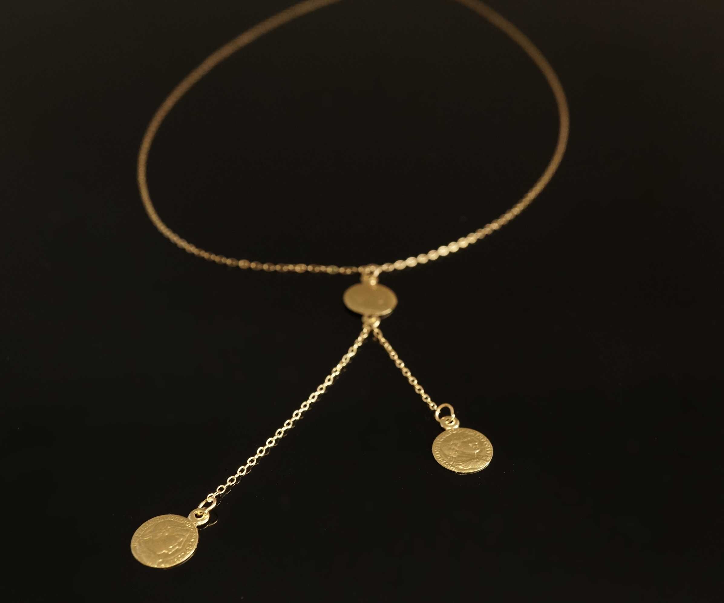 Złoto 585 -złoty łańcuszek damski krawatka z monetkami