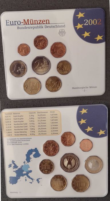 Германия набор евро монет 2002, 2003, 2003, 2004, 2005, 2006, 2009