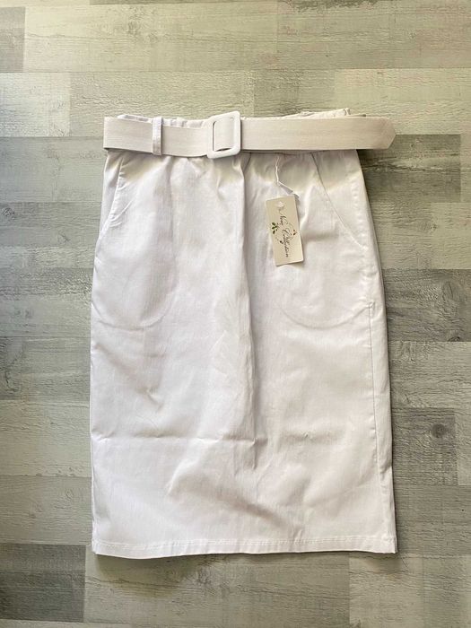 Spódnica biała midi długa z paskiem elegancka New Collection S