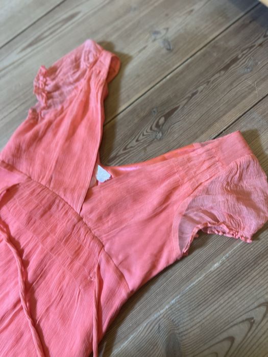 Sukienka jedwab 100% koralowa przed kolano napoleonka romantyczna