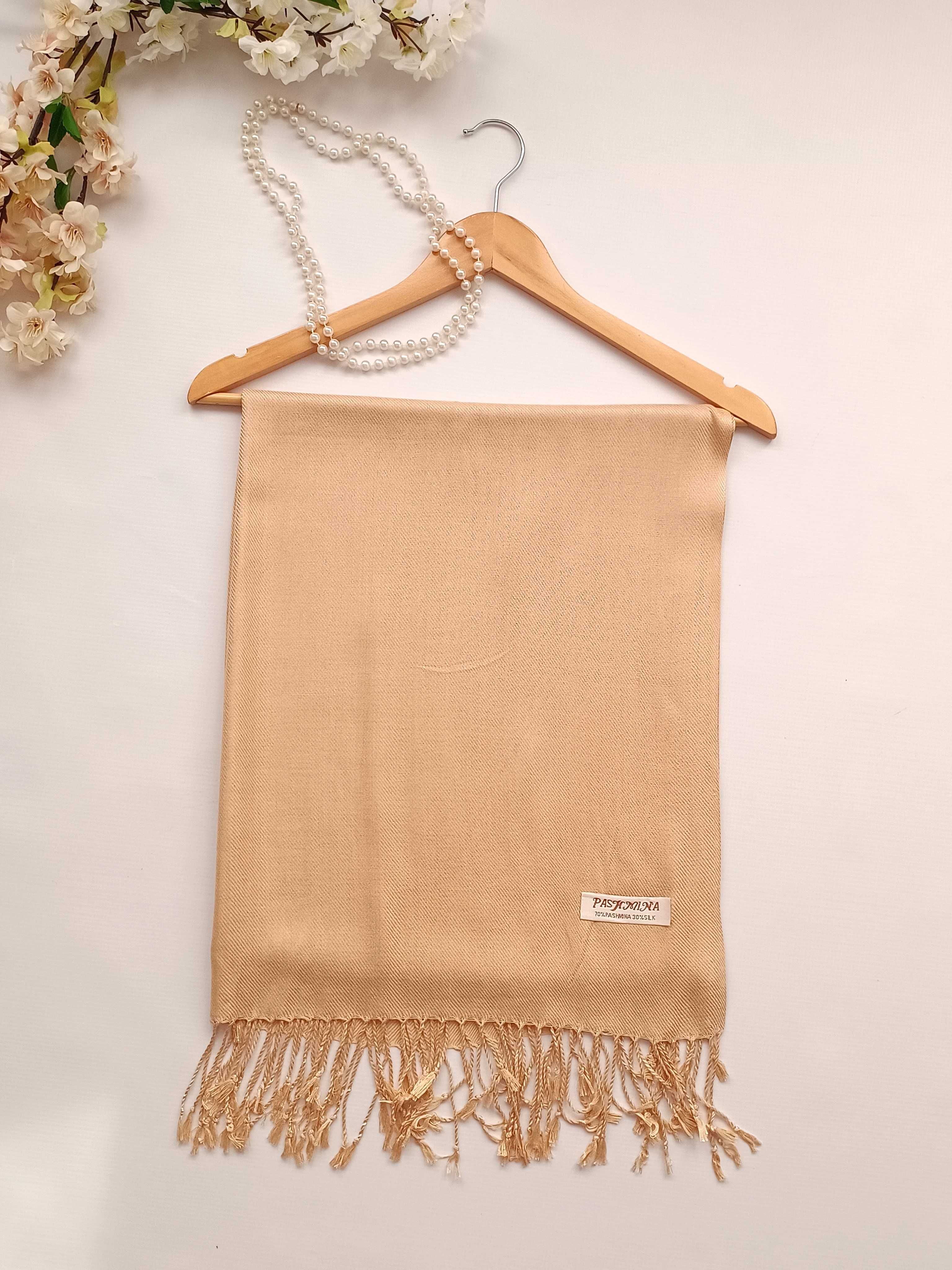 Nowy żółty szampański szal szalik kaszmir jedwab damski Pashmina